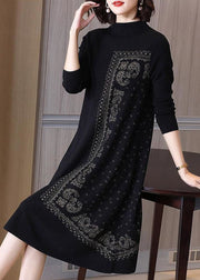 French Black High Neck Jacquard Wool Maxi Dresses Spring