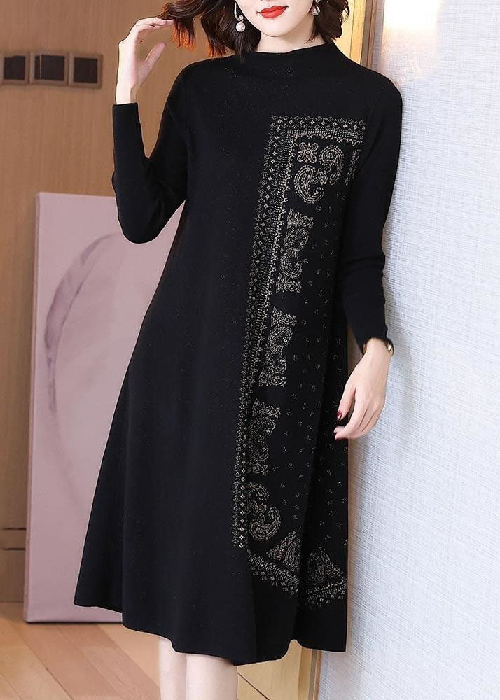 French Black High Neck Jacquard Wool Maxi Dresses Spring