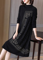 French Black High Neck Jacquard Wool Maxi Dresses Spring