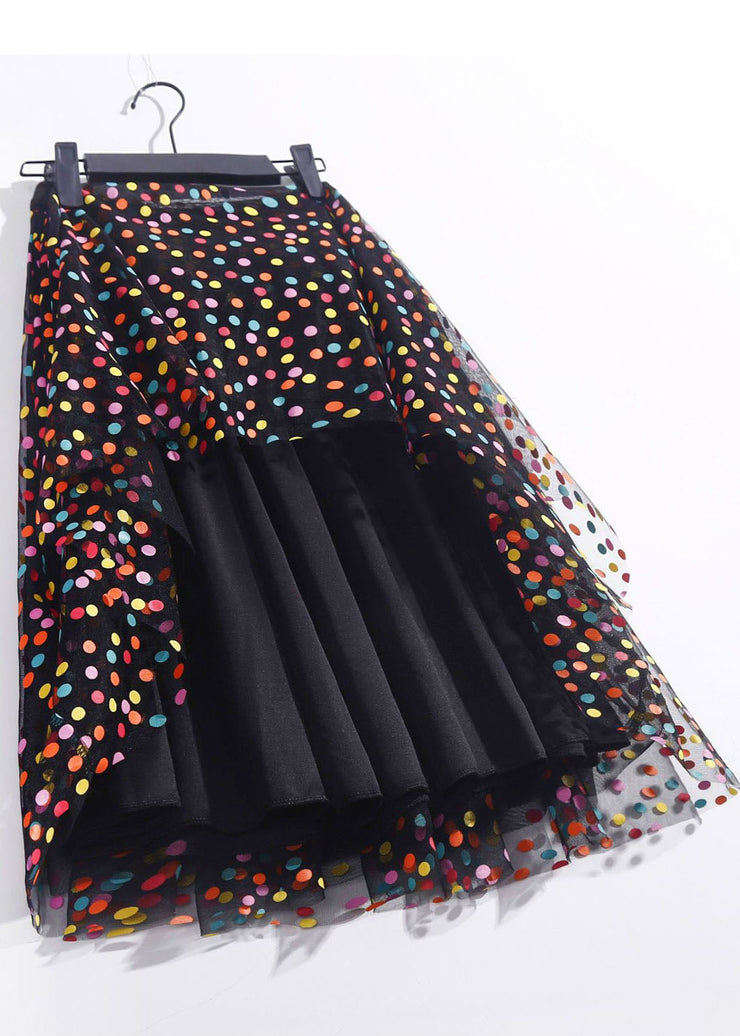 French Black High Waist Dot Print Tulle A Line Skirt Spring