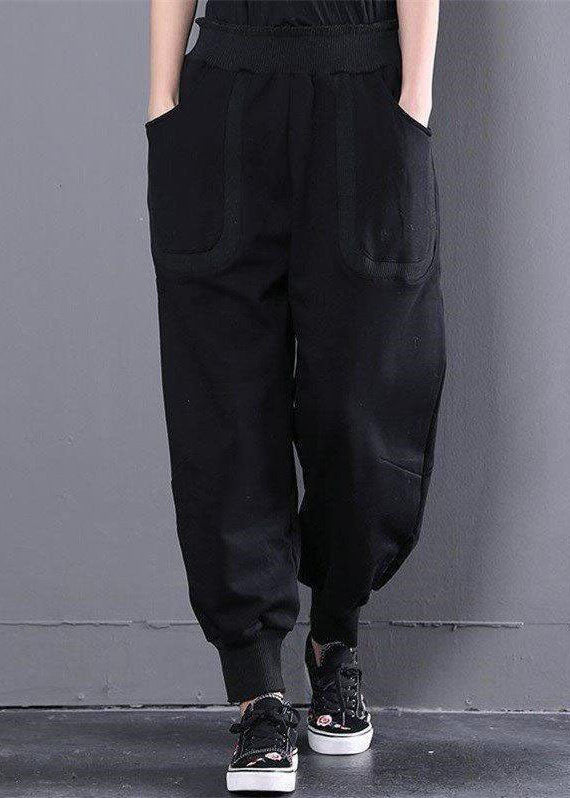 French Black High Waist Oversized Warm Fleece Harem Pants Winter