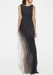 French Black High Waist Patchwork Tulle Maxi Dresses Sleeveless