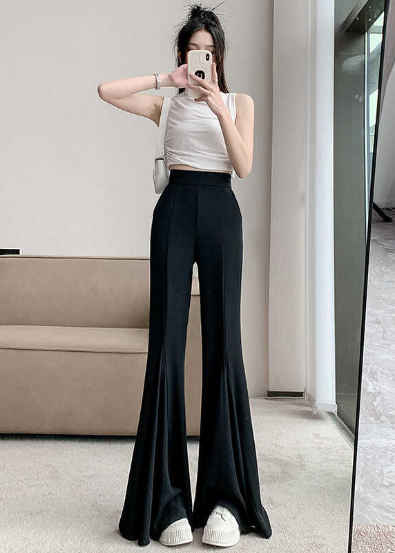 French Black High Waist Spandex Bell-bottom Trousers Spring