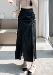 French Black High Waist Wrinkled Slim Fit Silk Skirts Spring