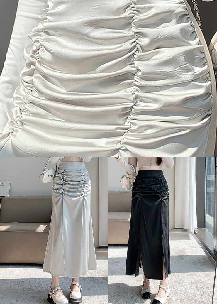 French Black High Waist Wrinkled Slim Fit Silk Skirts Spring
