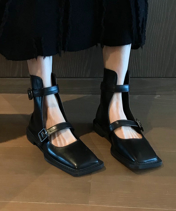 French Black Hollow Out Belt Buckle Sandals Boots