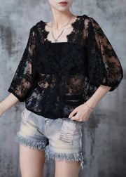 French Black Hollow Out Lace Blouse Tops Summer