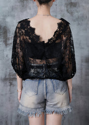 French Black Hollow Out Lace Blouse Tops Summer