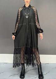 French Black Hollow Out Lace Patchwork Shirts Dress Fall