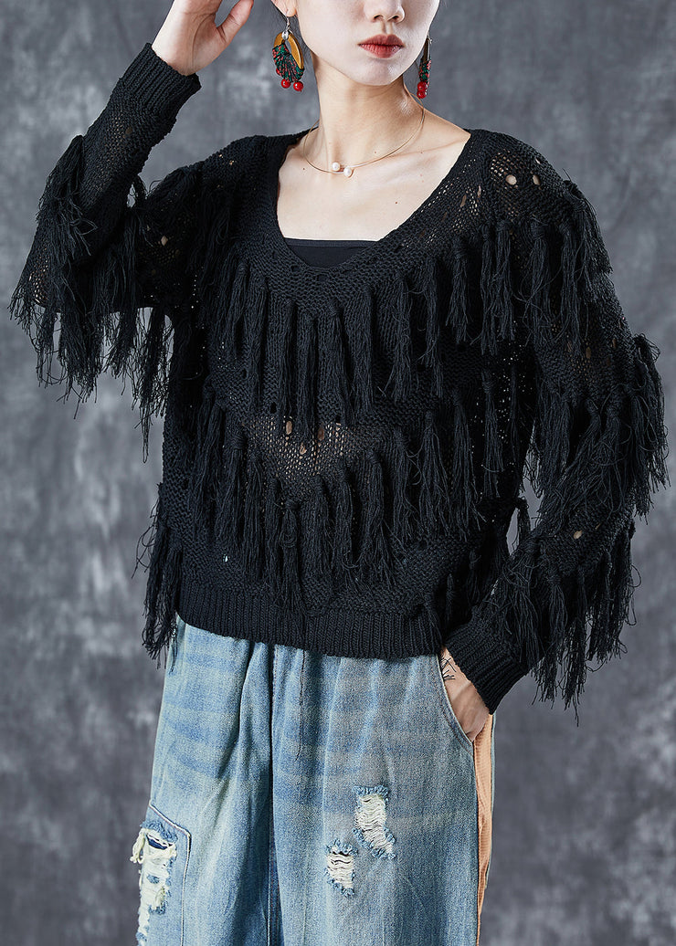 French Black Hollow Out Tassel Knit Top Summer