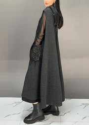 French Black Hooded Button Pockets Woolen Long Waistcoat Sleeveless