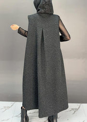 French Black Hooded Button Pockets Woolen Long Waistcoat Sleeveless