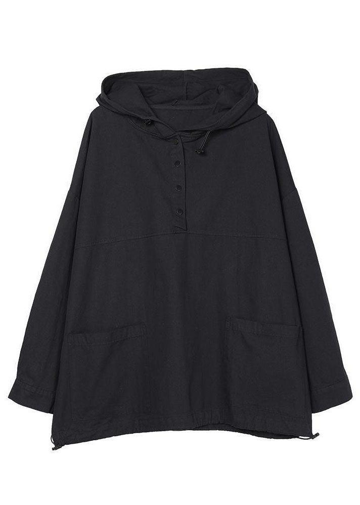 French Black Hooded Drawstring Patchwork Pockets Cotton Tops Fall