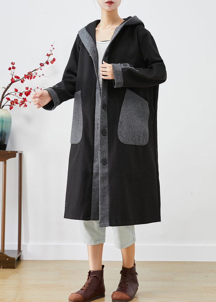 French Black Hooded Patchwork Pockets Woolen Coat Outwear Fall