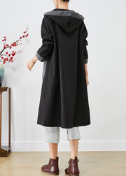 French Black Hooded Patchwork Pockets Woolen Coat Outwear Fall