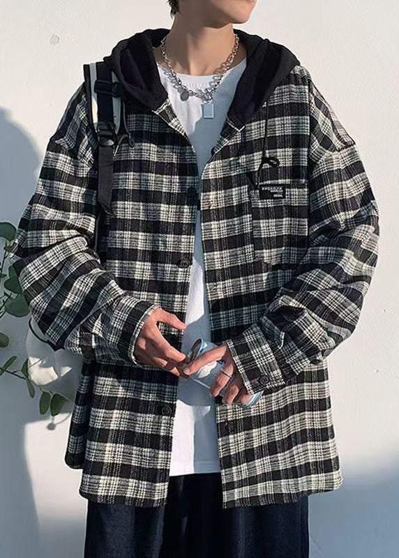 French Black Hooded Plaid Button Cotton Men Coat Spring