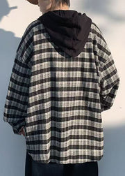 French Black Hooded Plaid Button Cotton Men Coat Spring