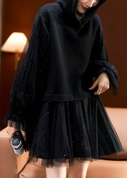 French Black Hooded Sequins Tulle Patchwork Knit Mid Dress Long Sleeve