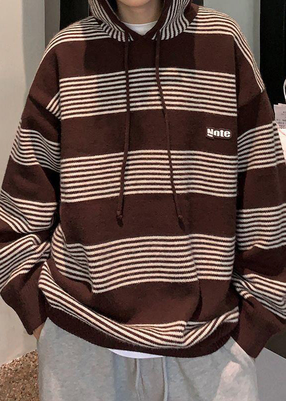 French Black Hooded Striped Knit Men Sweaters Winter