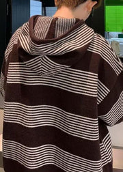 French Black Hooded Striped Knit Men Sweaters Winter