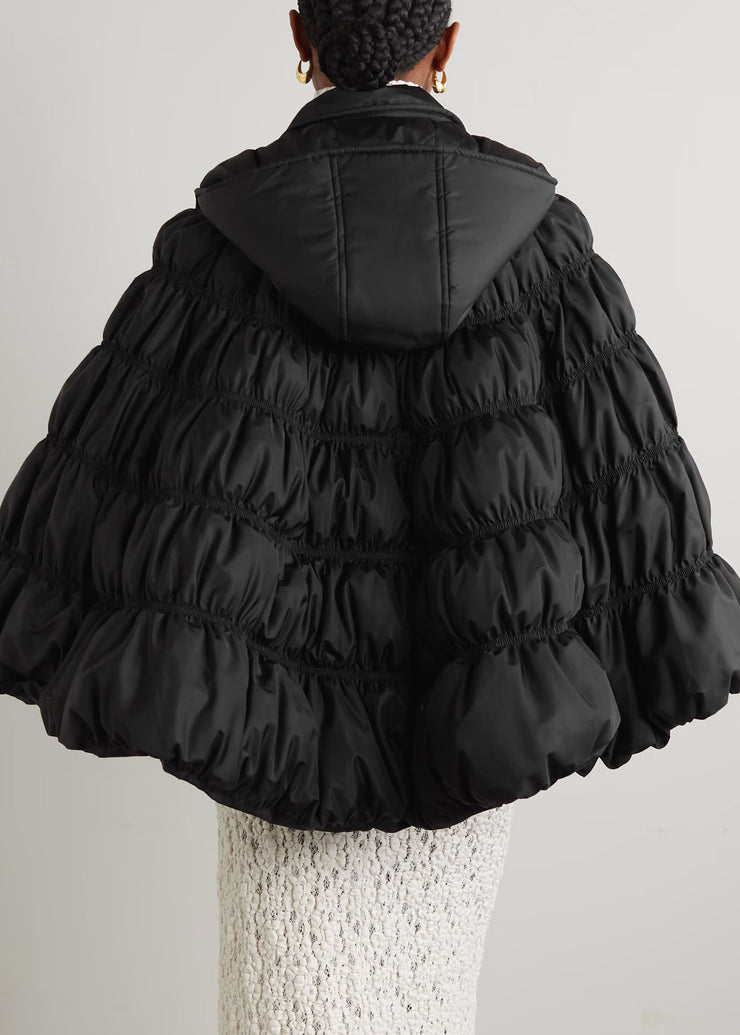 French Black Hooded Wrinkled Button Duck Down Coats Winter