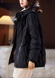 French Black Hooded Zippered Pockets Cotton Filled Parka Long Sleeve