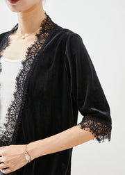 French Black Lace Patchwork Back Side Open Silk Velour Cardigan Fall