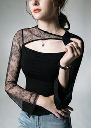 French Black Lace Tulle Patchwork Cotton T Shirt Fall