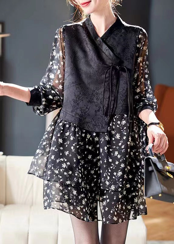 French Black Lace Up Print Patchwork Chiffon Mid Dress Spring