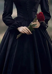 French Black Lace Wrinkled Patchwork Velvet Dress Spring