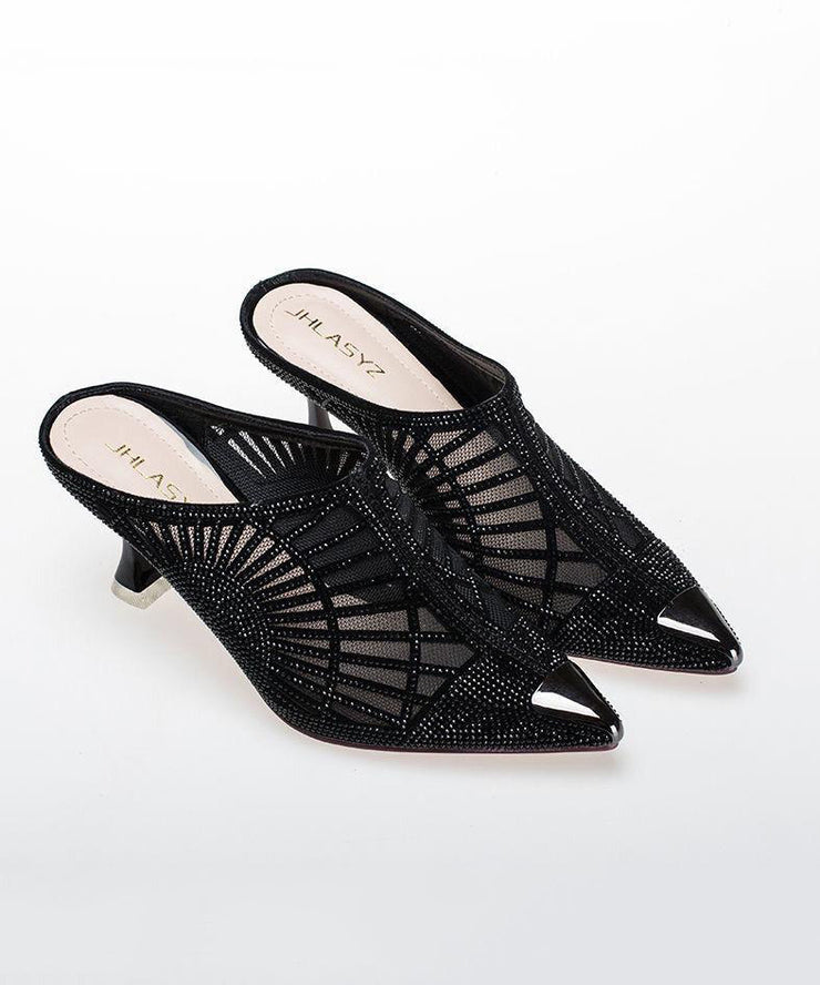 French Black Mesh Pointed Toe Zircon High Heels Slide Sandals