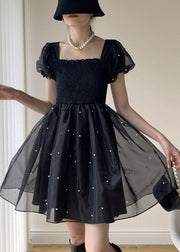 French Black Nail Bead Lace Up Tulle Mid Dress Puff Sleeve