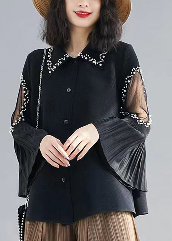 French Black Nail Bead Patchwork Cotton Shirt Top Flare Sleeve