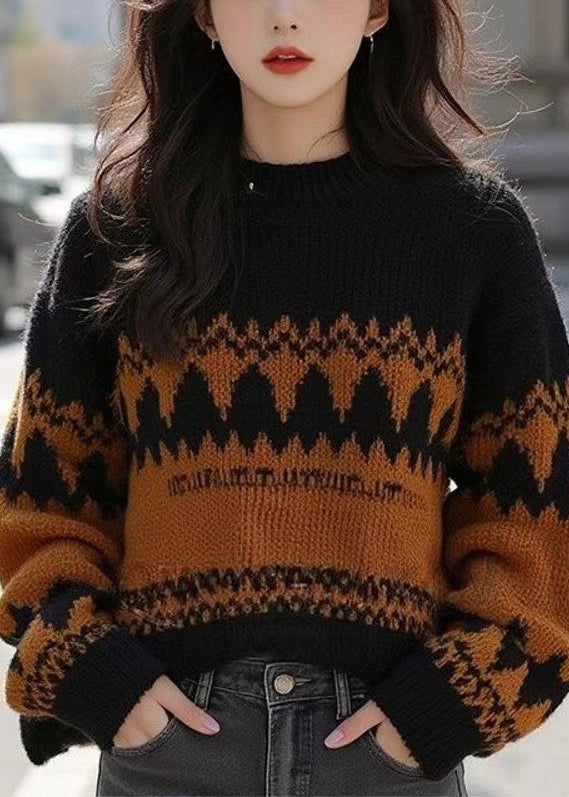 French Black O Neck Cozy Patchwork Wool Knit Sweater Spring