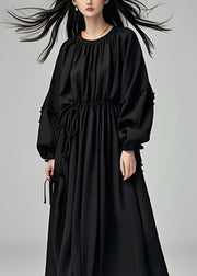 French Black O Neck Drawstring Cotton Long Dress Lantern Sleeve