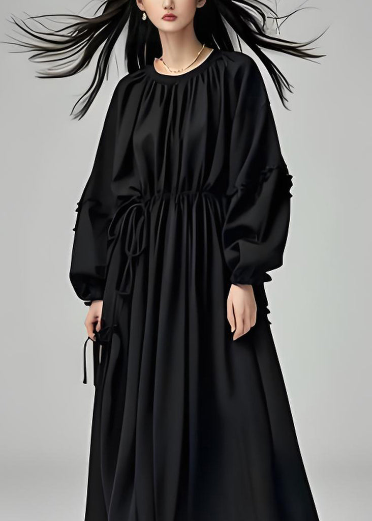 French Black O Neck Drawstring Cotton Long Dress Lantern Sleeve