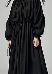 French Black O Neck Drawstring Cotton Long Dress Lantern Sleeve