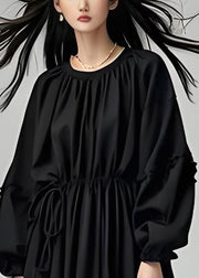 French Black O Neck Drawstring Cotton Long Dress Lantern Sleeve