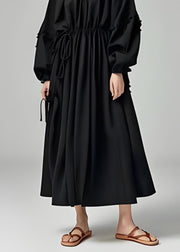 French Black O Neck Drawstring Cotton Long Dress Lantern Sleeve