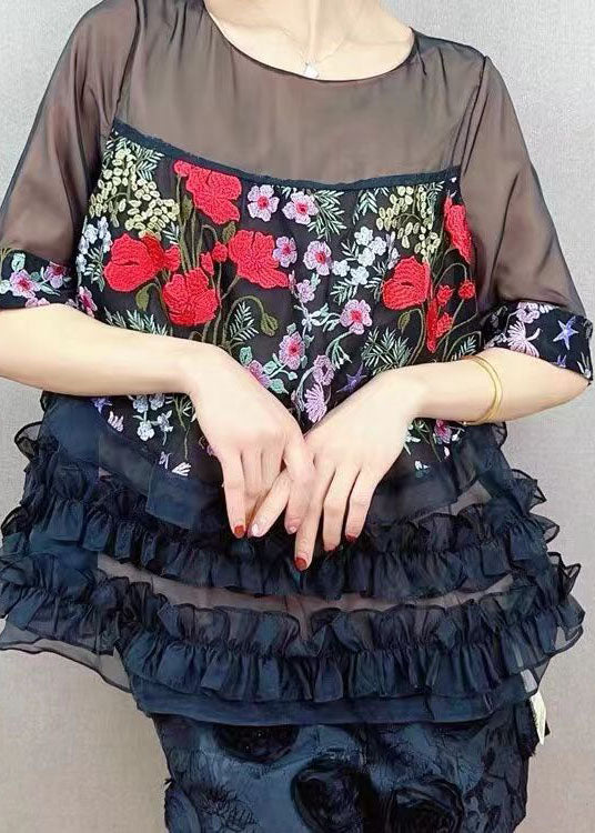 French Black O Neck Embroideried Ruffled Patchwork Tulle Top Summer