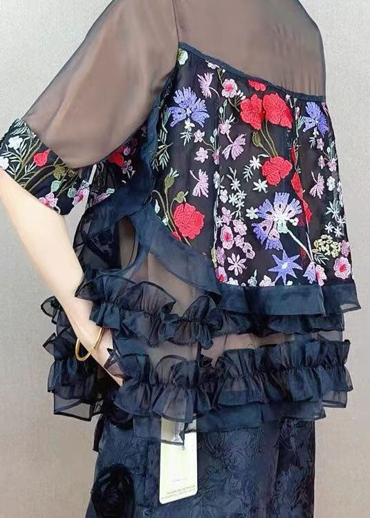 French Black O Neck Embroideried Ruffled Patchwork Tulle Top Summer