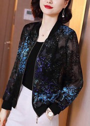 French Black O-Neck Embroideried Zippered Chiffon Coat Long Sleeve