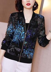 French Black O-Neck Embroideried Zippered Chiffon Coat Long Sleeve