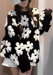 French Black O Neck Floral Cozy Knit Sweaters Spring