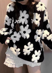 French Black O Neck Floral Cozy Knit Sweaters Spring