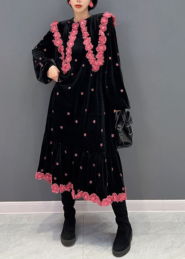 French Black O Neck Floral Silk Velour Maxi Dress Winter