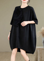 French Black O-Neck Floral Wrinkled Long Dresses Summer