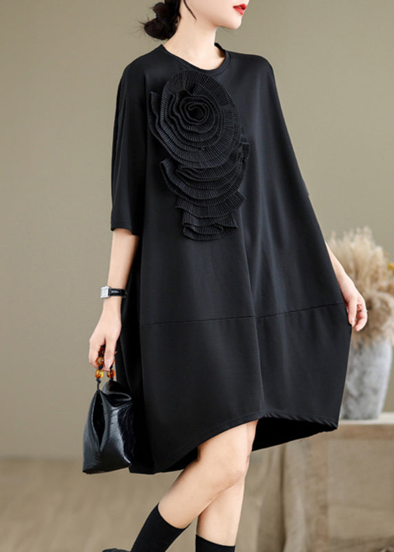 French Black O-Neck Floral Wrinkled Long Dresses Summer