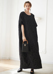 French Black O Neck Jacquard Cotton Robe Vacation Dresses Summer