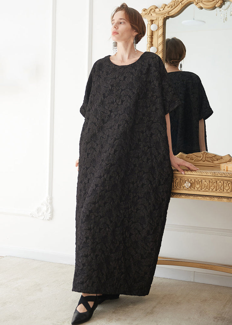 French Black O Neck Jacquard Cotton Robe Vacation Dresses Summer